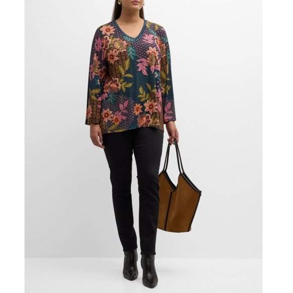 Johnny Was Plus Delfino V Neck Kimono Sleeve Tee Floral Blue Top Shirt Flower NW - Picture 1 of 8